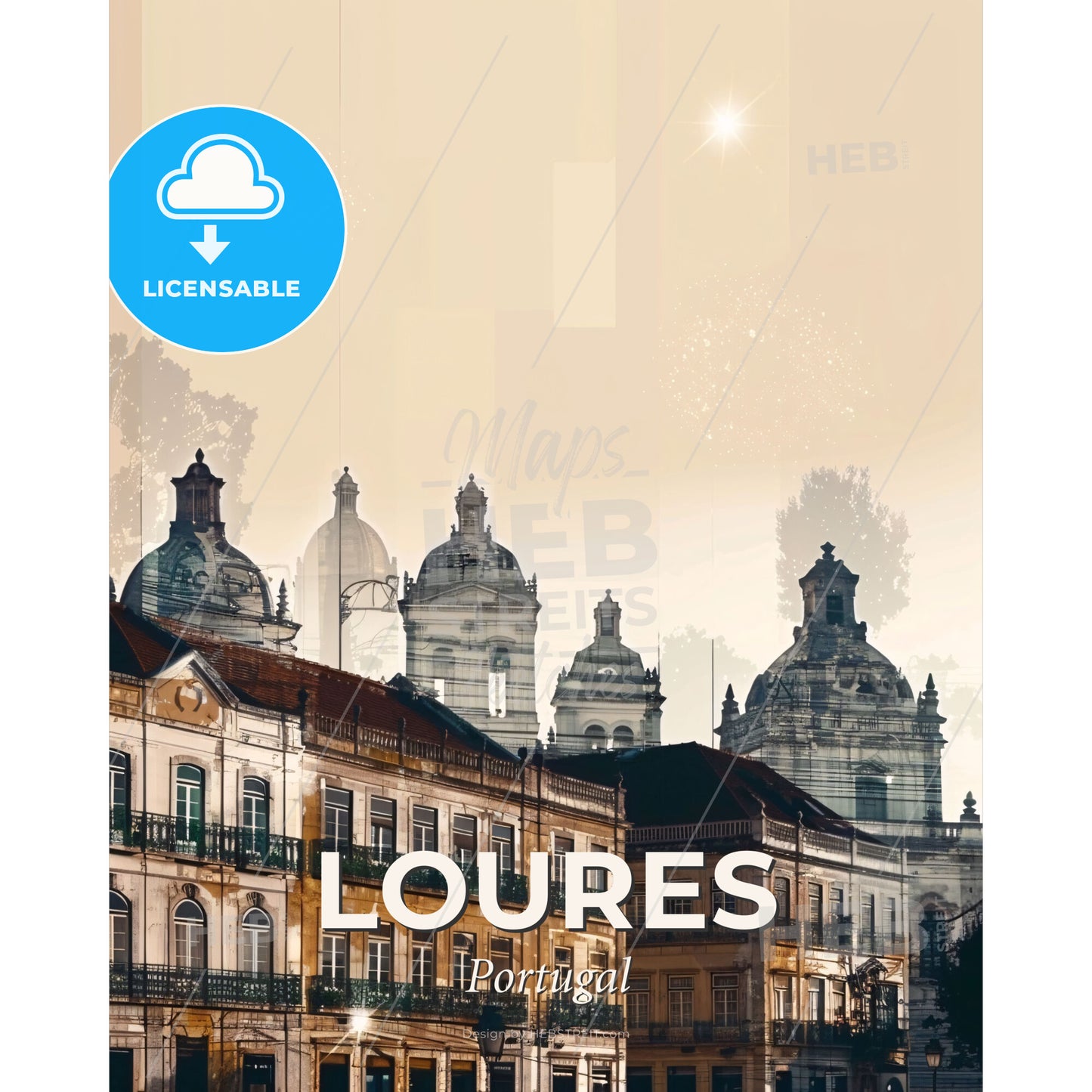 Loures Skyline Sparkles Local Hues Art Poster - A group of buildings with domes - Square format print template