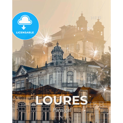 Loures, Portugal: Cityscape Beauty in Double Exposure - A building with many windows and a tower - Square format print template