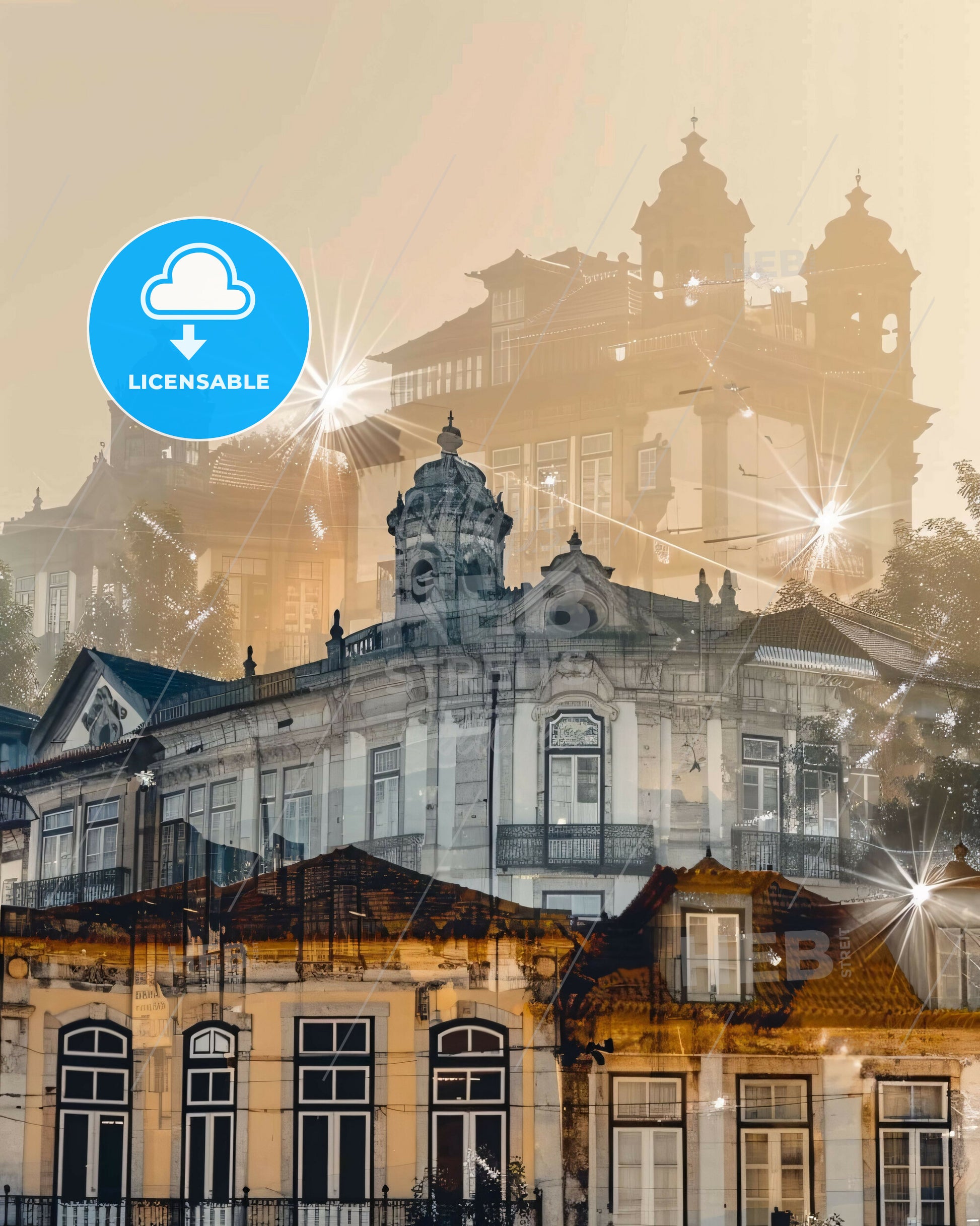 Loures, Portugal: Cityscape Beauty in Double Exposure - A building with many windows and a tower