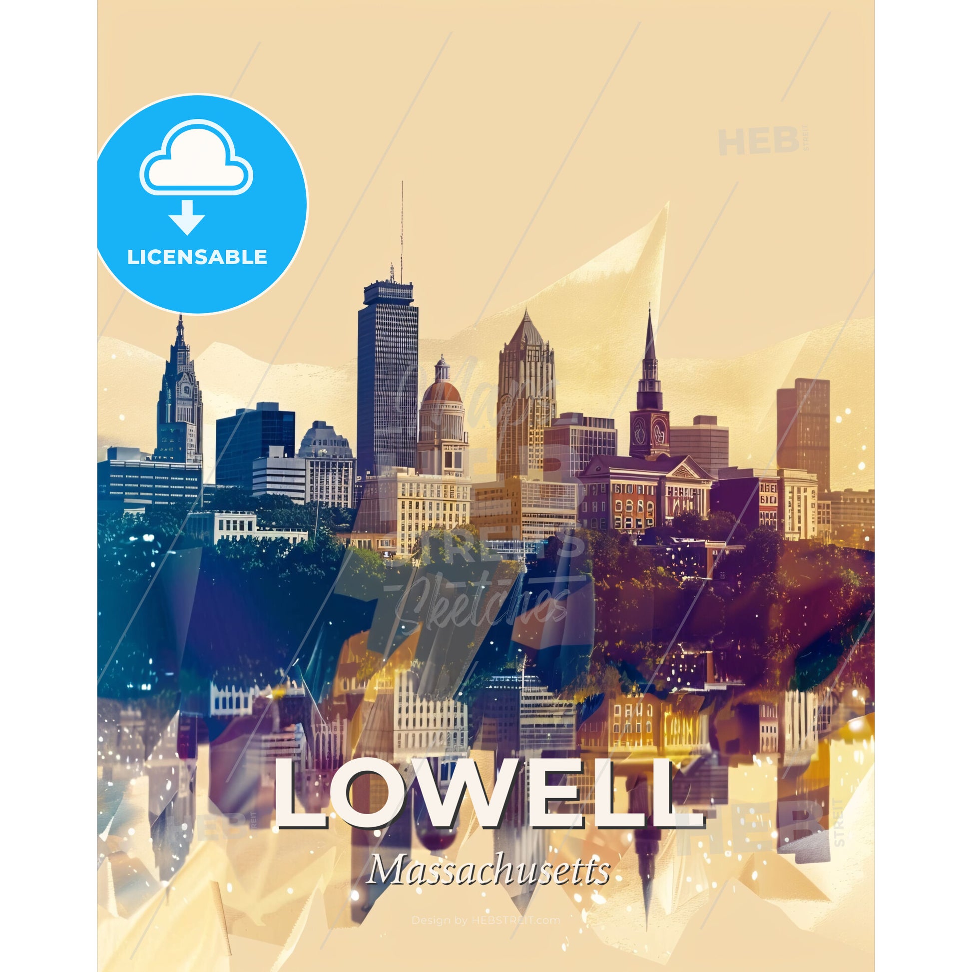 Lowell Architecture in City Lights - A city skyline with many buildings - Square format print template