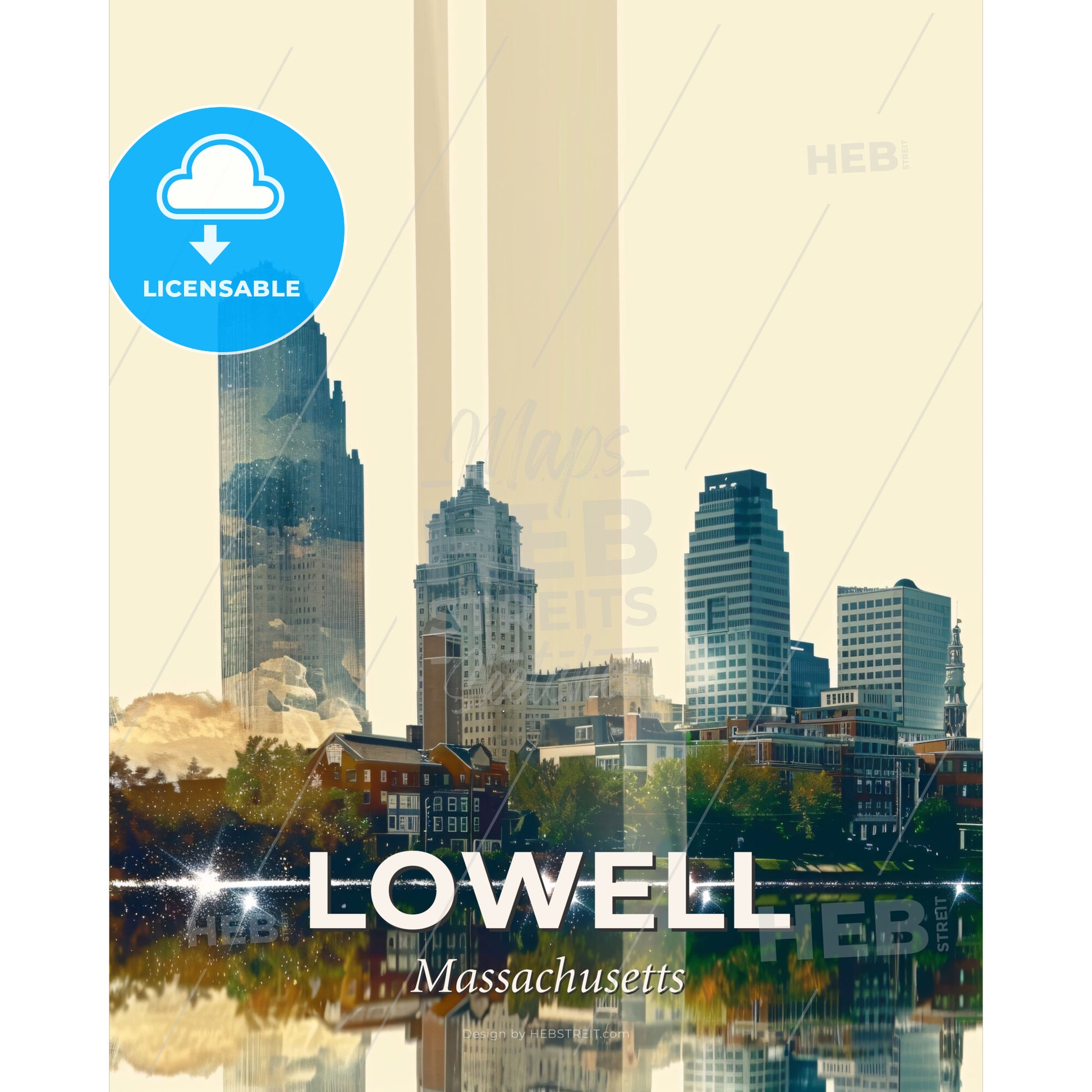 Lowell Cityscape Art: Iconography and Modernism - A city skyline with buildings and trees - Square format print template