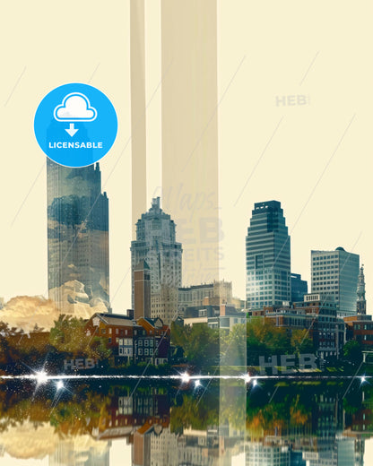 Lowell Cityscape Art: Iconography and Modernism - A city skyline with buildings and trees