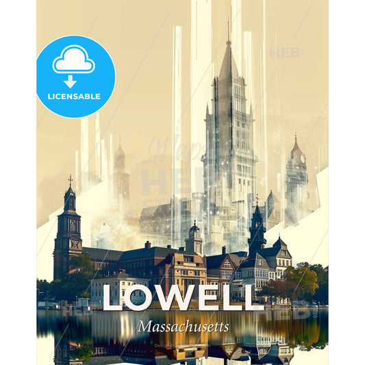 Lowell Cityline Artwork Poster: Skyline Magic - A city next to a body of water - Square format print template