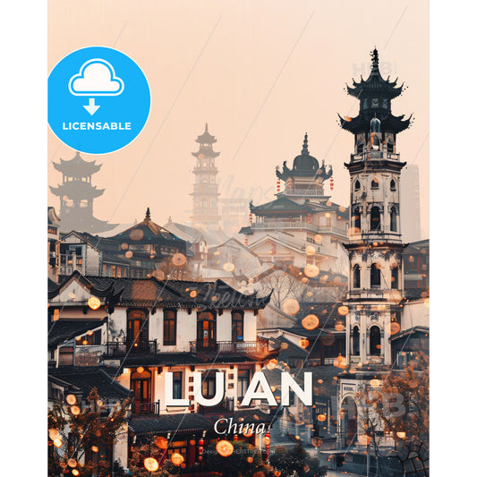 Lu An, China: Vibrant City Skyline on Beige - A group of buildings with tall towers - Square format print template