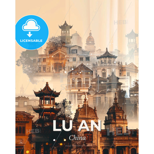 Lu An: Double Exposure Cityscape Art - A group of buildings with a few towers - Square format print template