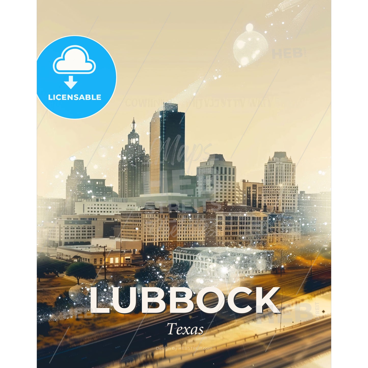 Lubbock, Texas Skyline Composite Art Poster - A city with many buildings and a road - Square format print template