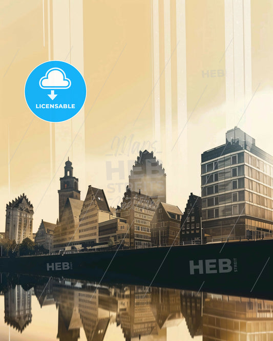 Lubeck Skyline Double Exposure Poster Art - A city with buildings and a body of water