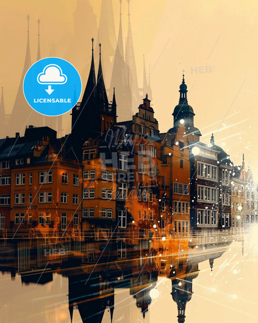 Lubeck, Germany: Skyline Sunlit City - A city with many buildings and a reflection of water