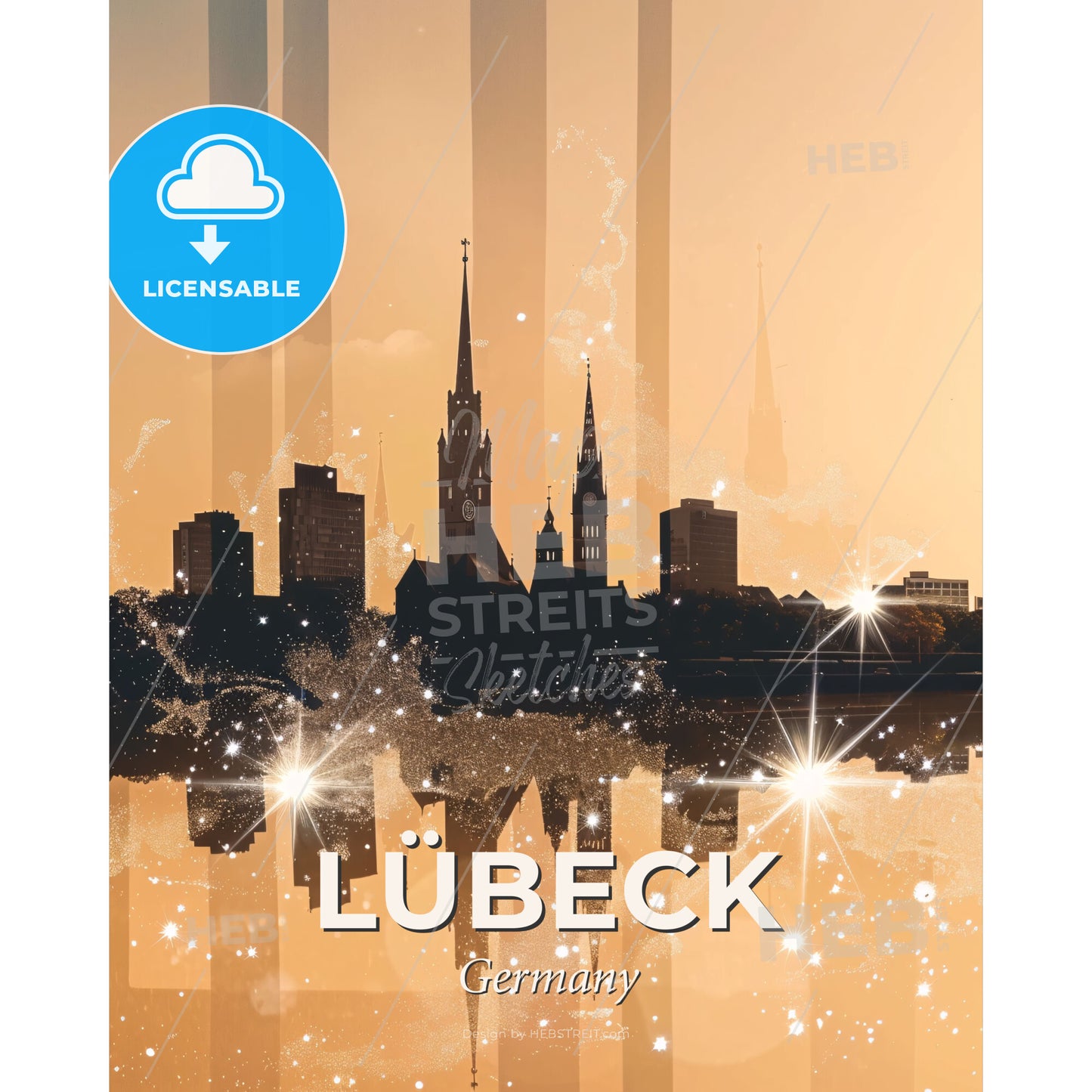 Lubeck Skyline Double Exposure Silhouette Art Poster - A city skyline with a reflection of the sun - Square format print template