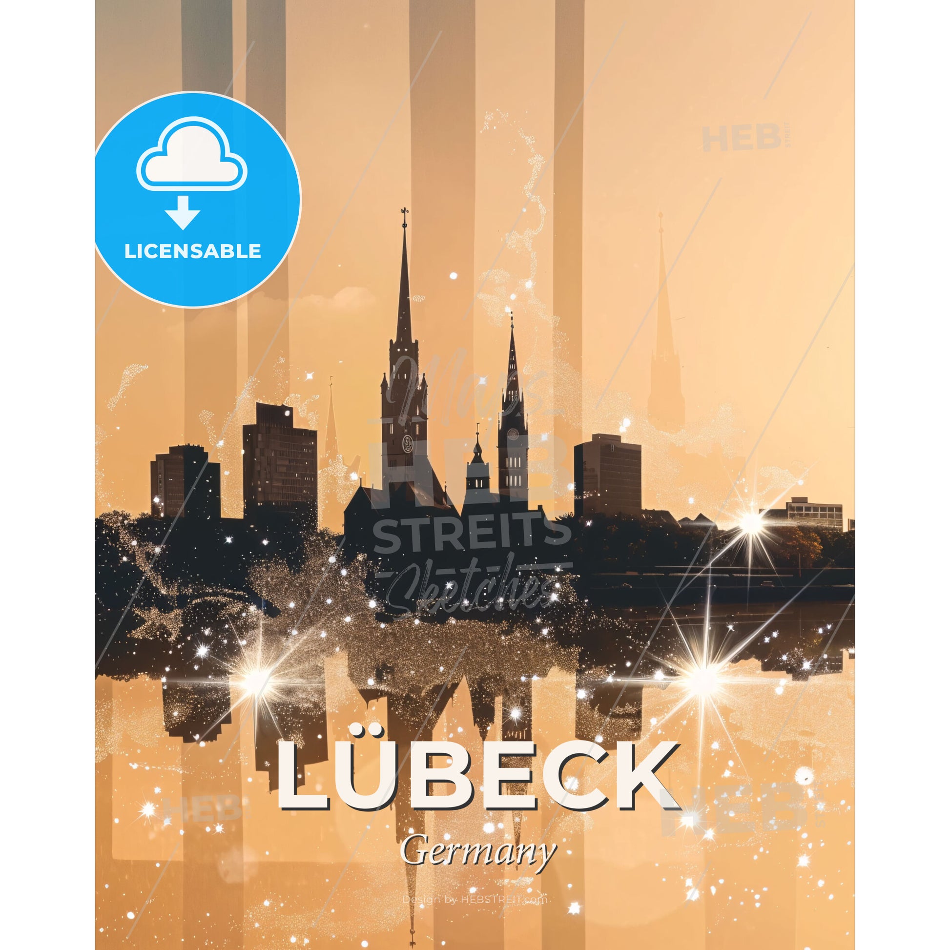 Lubeck Skyline Double Exposure Silhouette Art Poster - A city skyline with a reflection of the sun - Square format print template