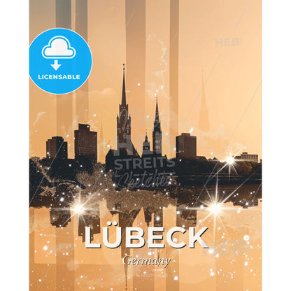 Lubeck Skyline Double Exposure Silhouette Art Poster - A city skyline with a reflection of the sun - Square format print template