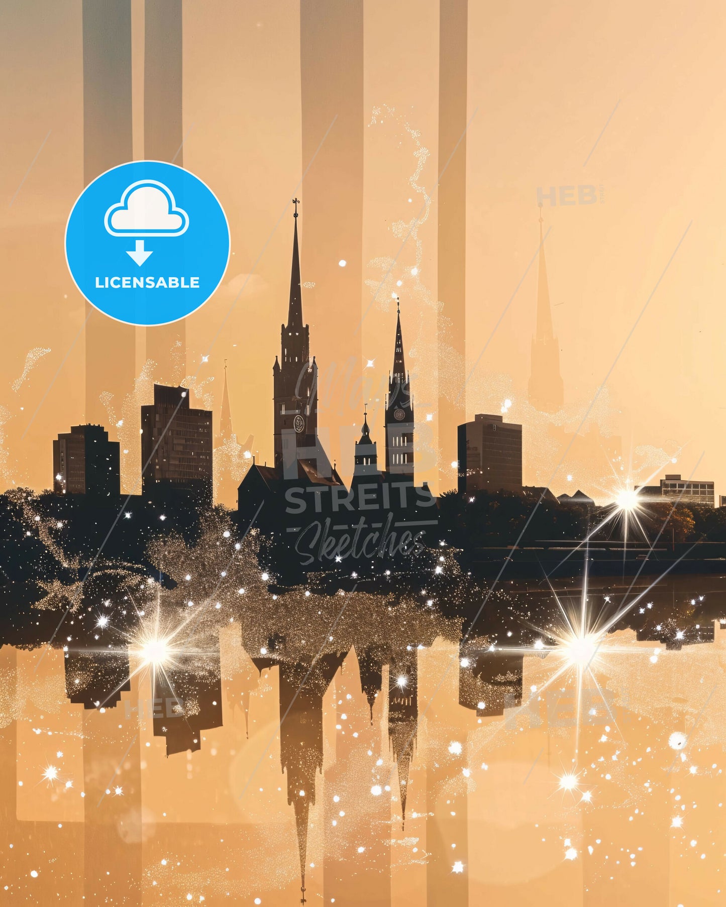 Lubeck Skyline Double Exposure Silhouette Art Poster - A city skyline with a reflection of the sun