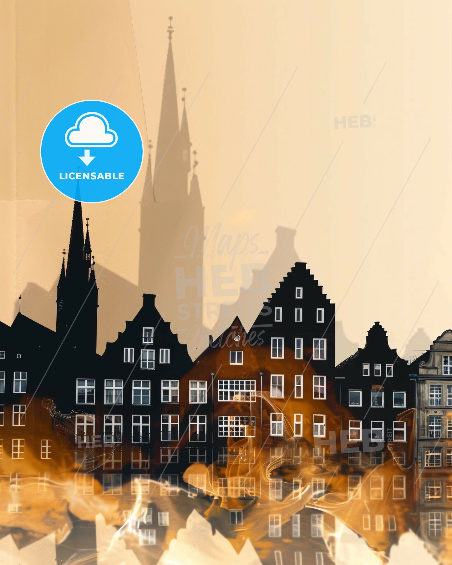 Lubeck Skyline Double Exposure Composite Art Poster - A group of buildings with a tower
