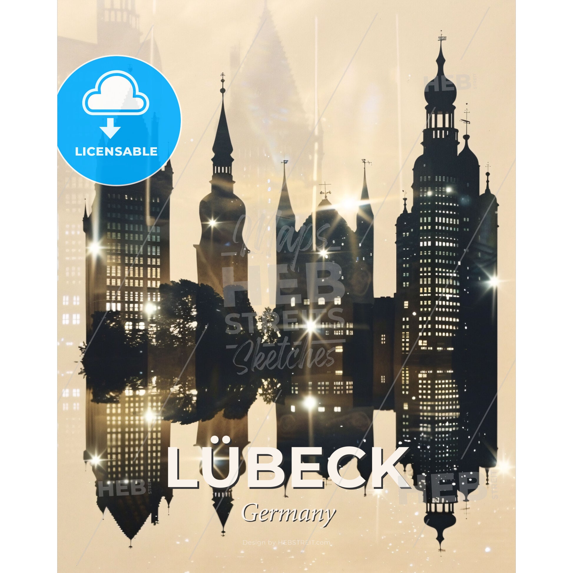 Lübeck Skyline Dreamy Beige Sparkles - A silhouette of a city with many towers and buildings - Square format print template