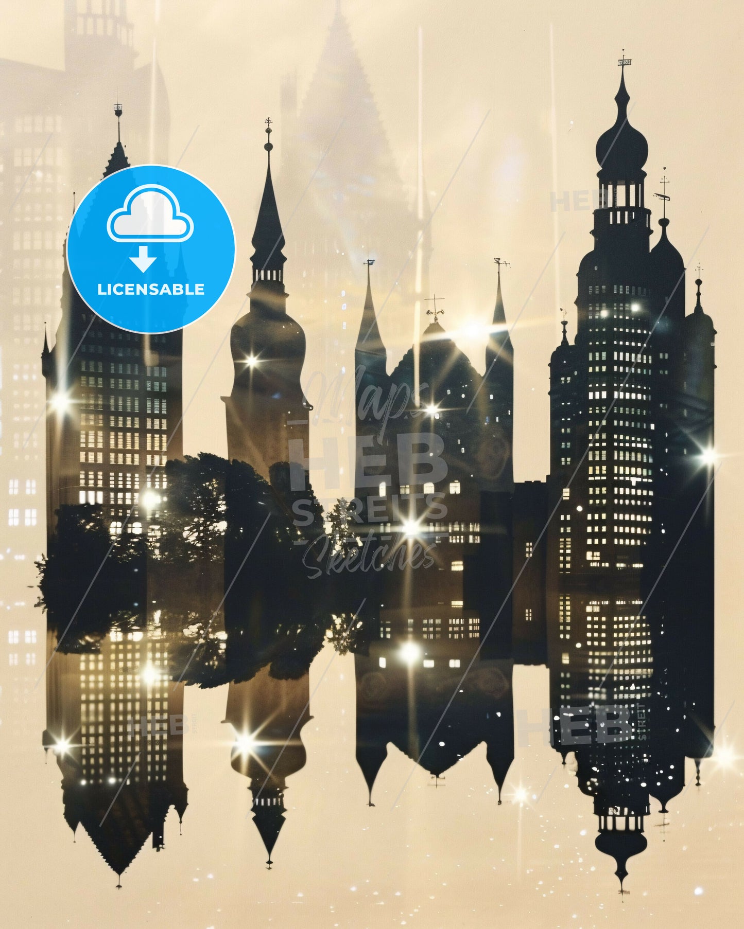 Lübeck Skyline Dreamy Beige Sparkles - A silhouette of a city with many towers and buildings