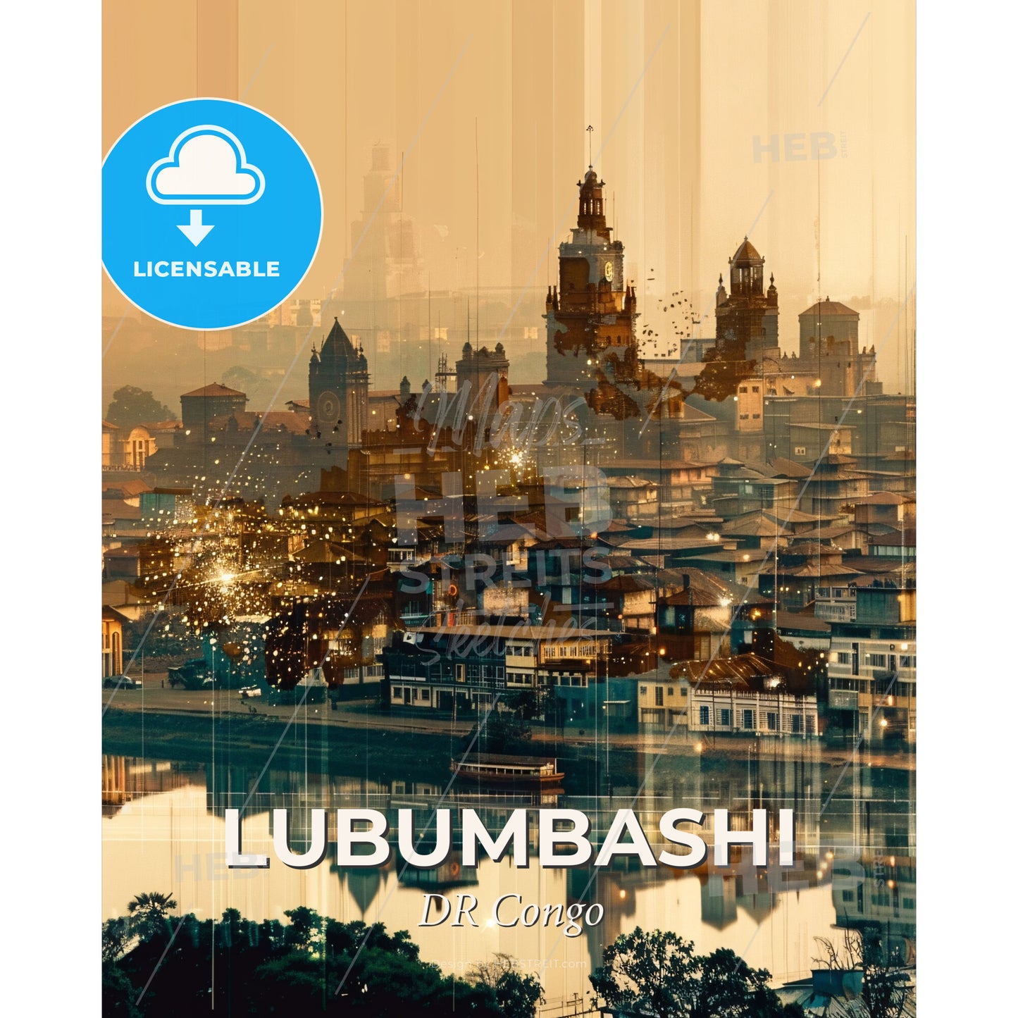 Lubumbashi Cityscape Icons Silhouette Poster - A city with buildings and water - Square format print template