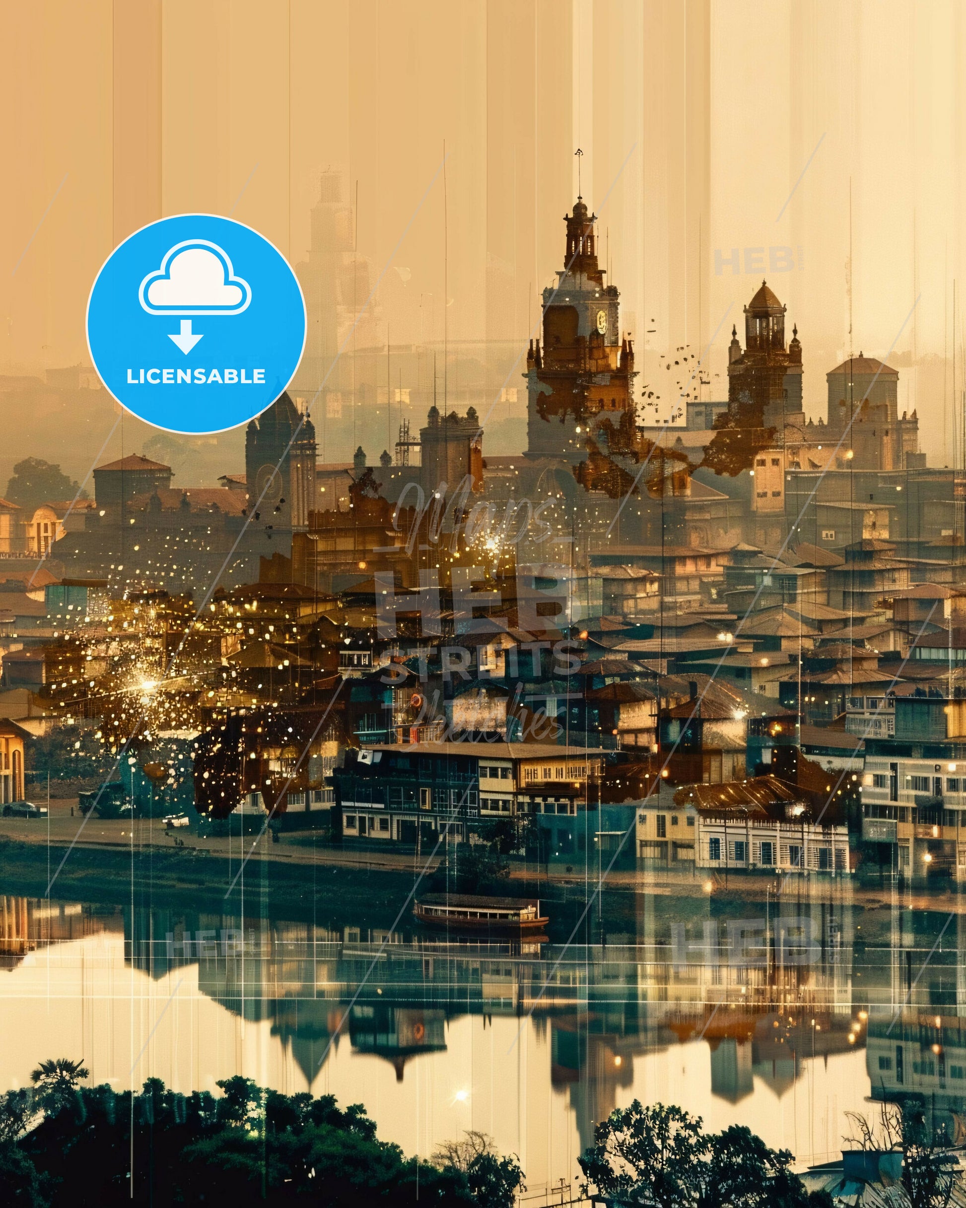 Lubumbashi Cityscape Icons Silhouette Poster - A city with buildings and water