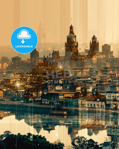 Lubumbashi Cityscape Icons Silhouette Poster - A city with buildings and water