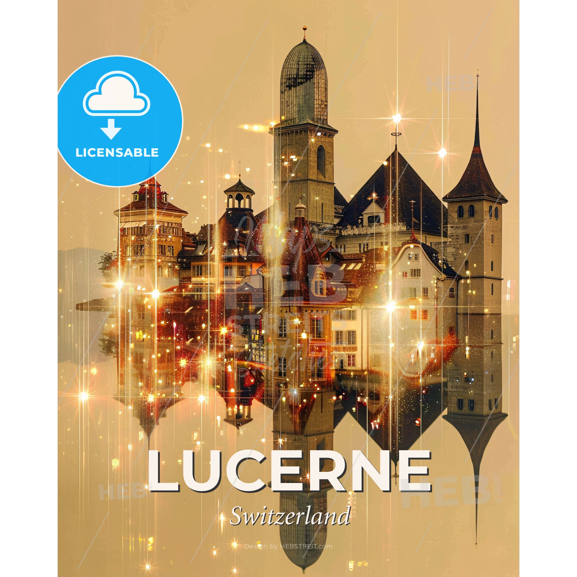 Lucerne City Skyline Double Exposure Art - A castle with a tower and a tower on the water - Square format print template