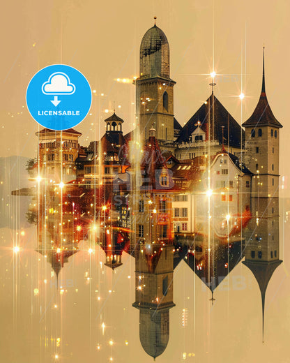 Lucerne City Skyline Double Exposure Art - A castle with a tower and a tower on the water