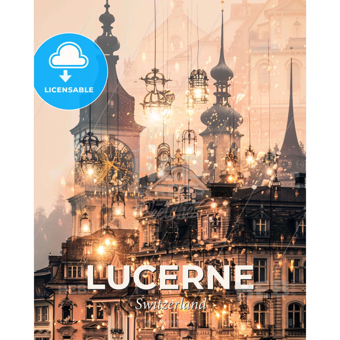 Lucerne Skyline Double Exposure Composite Art - A city with many buildings and lights - Square format print template