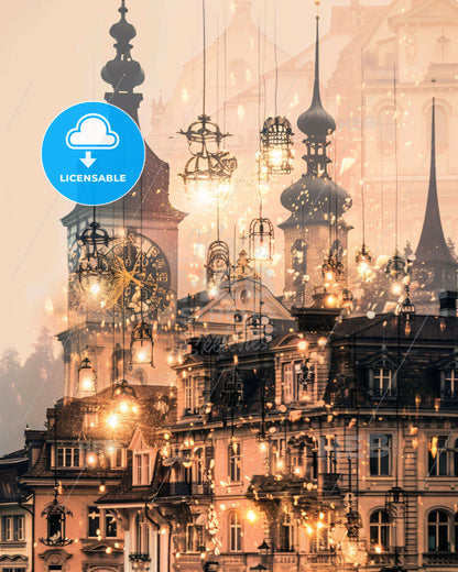 Lucerne Skyline Double Exposure Composite Art - A city with many buildings and lights