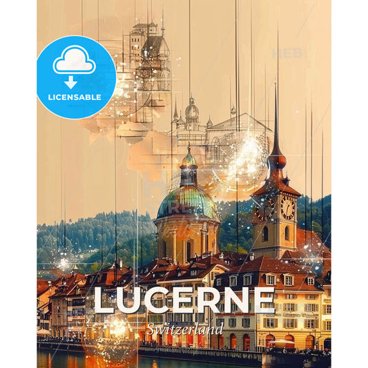 Lucerne City Skyline Composite Art Poster - A building with a clock tower - Square format print template