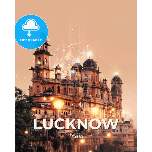 Lucknow, India: Local Reflections in Beige - A building with many towers and lights - Square format print template