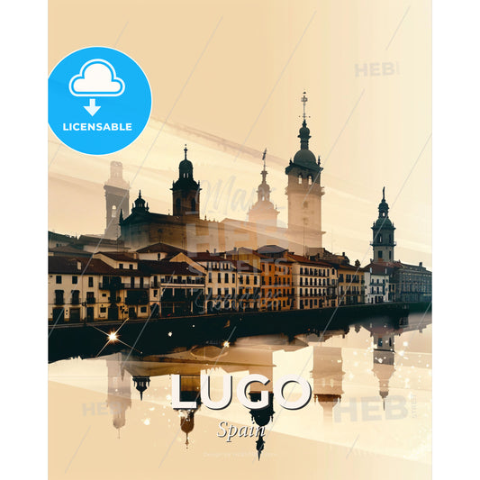 Lugo Spain Icon Collage City Skyline Bright Beige - A city next to a body of water - Square format print template