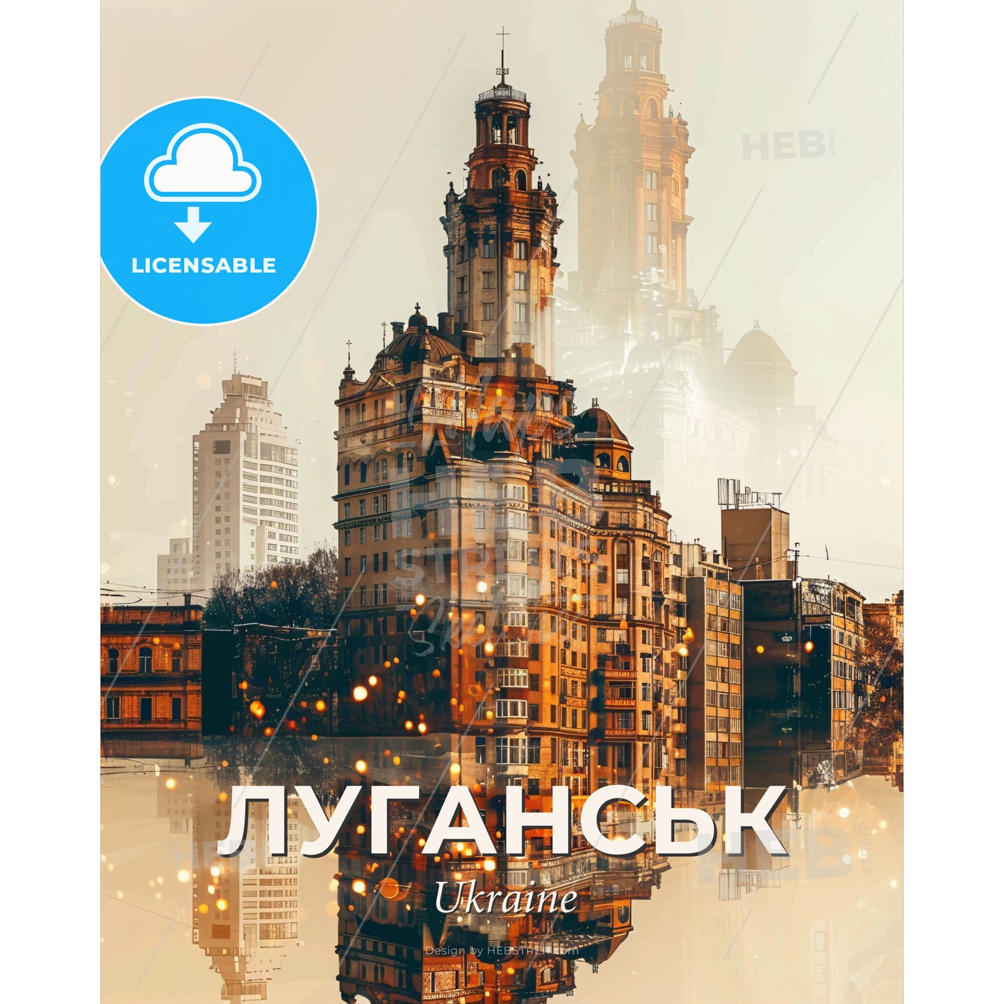 Luhansk City Skyline Icons on Bright Paper - A large building with a tower in the middle of a body of water - Square format print template