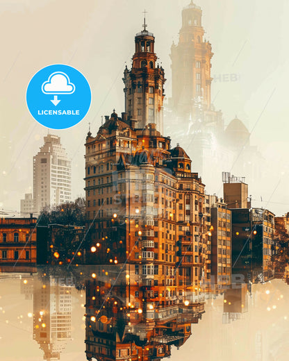 Luhansk City Skyline Icons on Bright Paper - A large building with a tower in the middle of a body of water