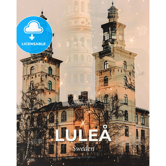 Luleå Sverige Skyline Poster Panorama Night - A double exposure of a building - Square format print template