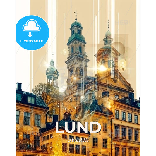 Lund City Skyline Dreamy Art Print - A building with towers and a statue in the background - Square format print template