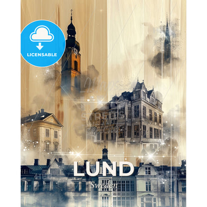 Lund City Skyline Double Exposure Poster Art - A collage of buildings - Square format print template