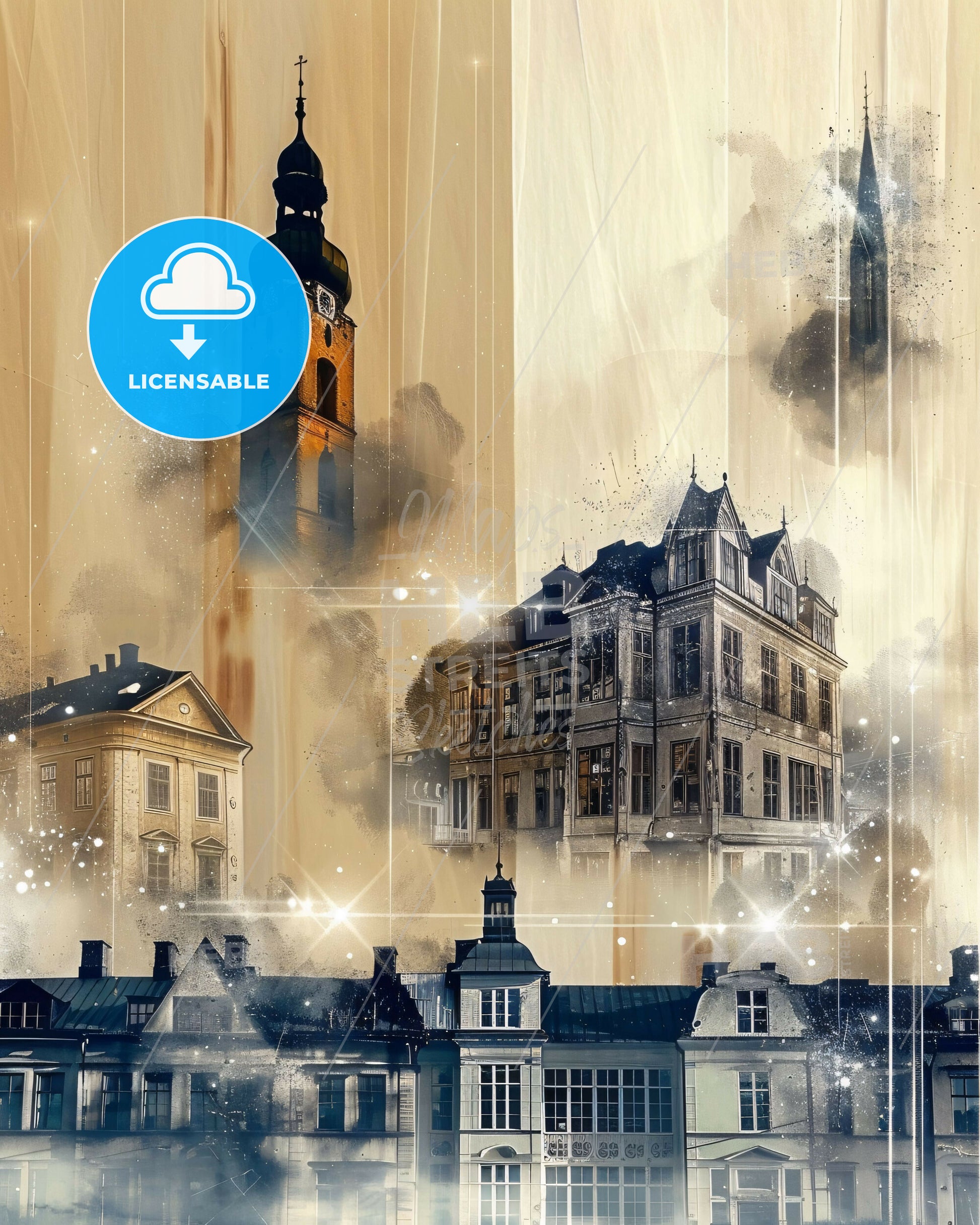Lund City Skyline Double Exposure Poster Art - A collage of buildings