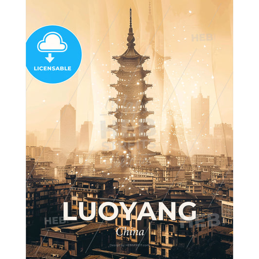 Luoyang: 2x Exposure Architecture Skyline Art Poster - A tall tower in a city - Square format print template