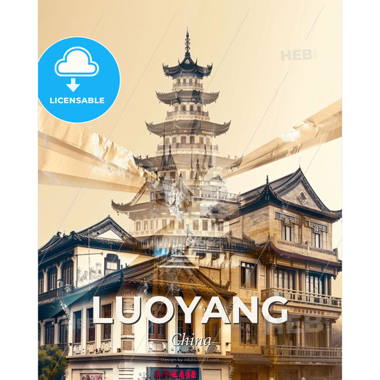 Luoyang Double Exposure Skyline Cityscape Art Print - A building with a tower - Square format print template