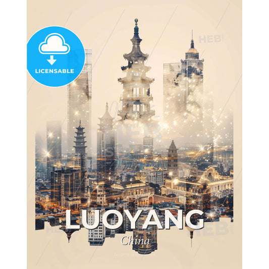 Luoyang Skyline Double Exposure Cityscape Art - A cityscape with many tall buildings - Square format print template