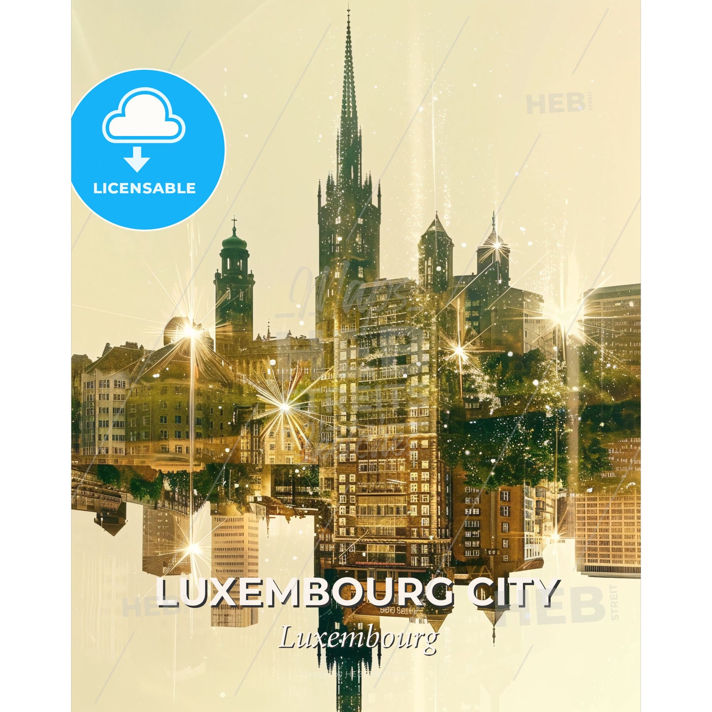 Luxembourg City Skyline Double Exposure Art - A city skyline with many buildings and a reflection of the sun - Square format print template