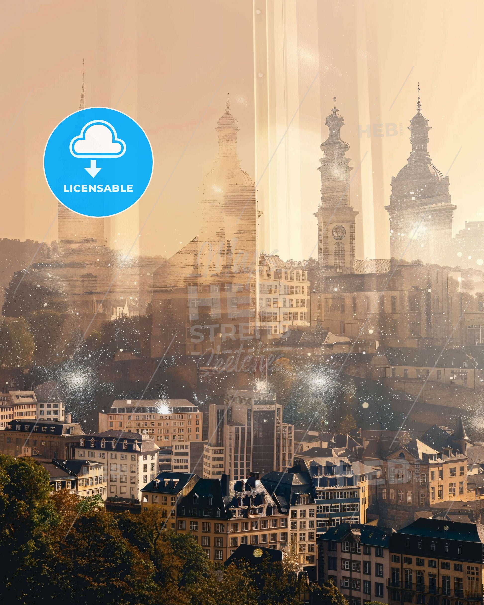 Luxembourg City: Skyline Composite Art Poster - A city with many tall buildings