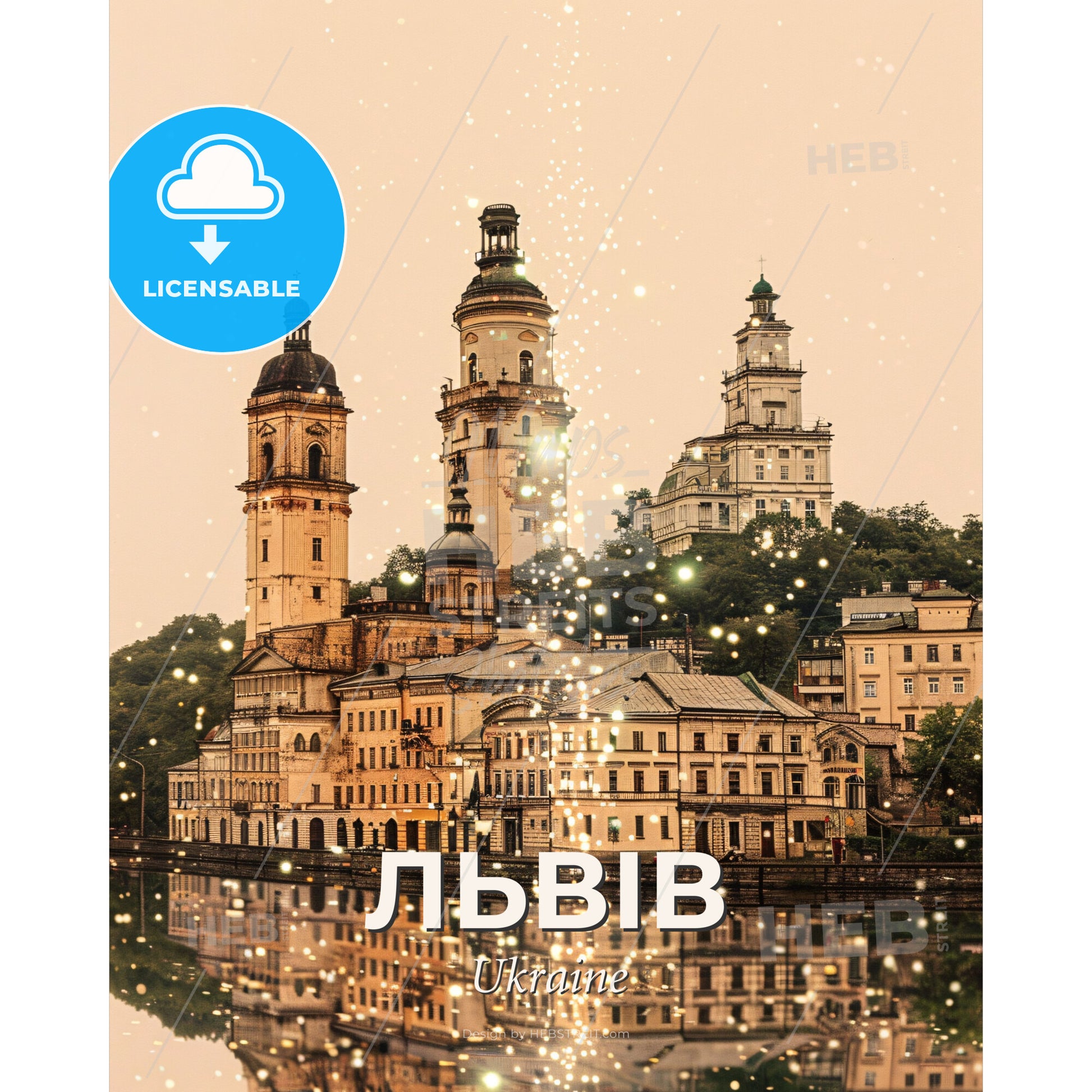 Lviv, Ukraine: Majestic Cityscape Art - A building with towers and a body of water - Square format print template