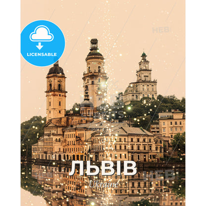 Lviv, Ukraine: Majestic Cityscape Art - A building with towers and a body of water - Square format print template