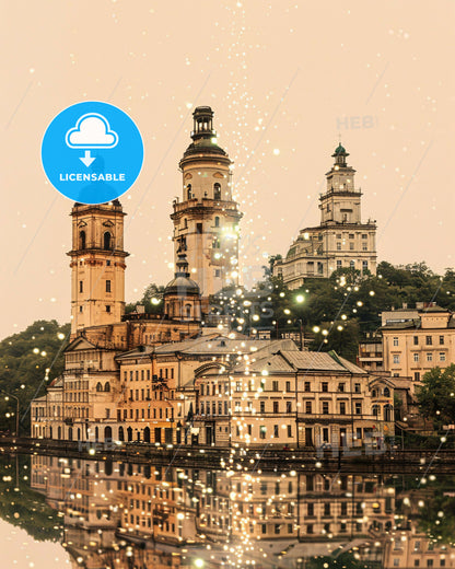 Lviv, Ukraine: Majestic Cityscape Art - A building with towers and a body of water