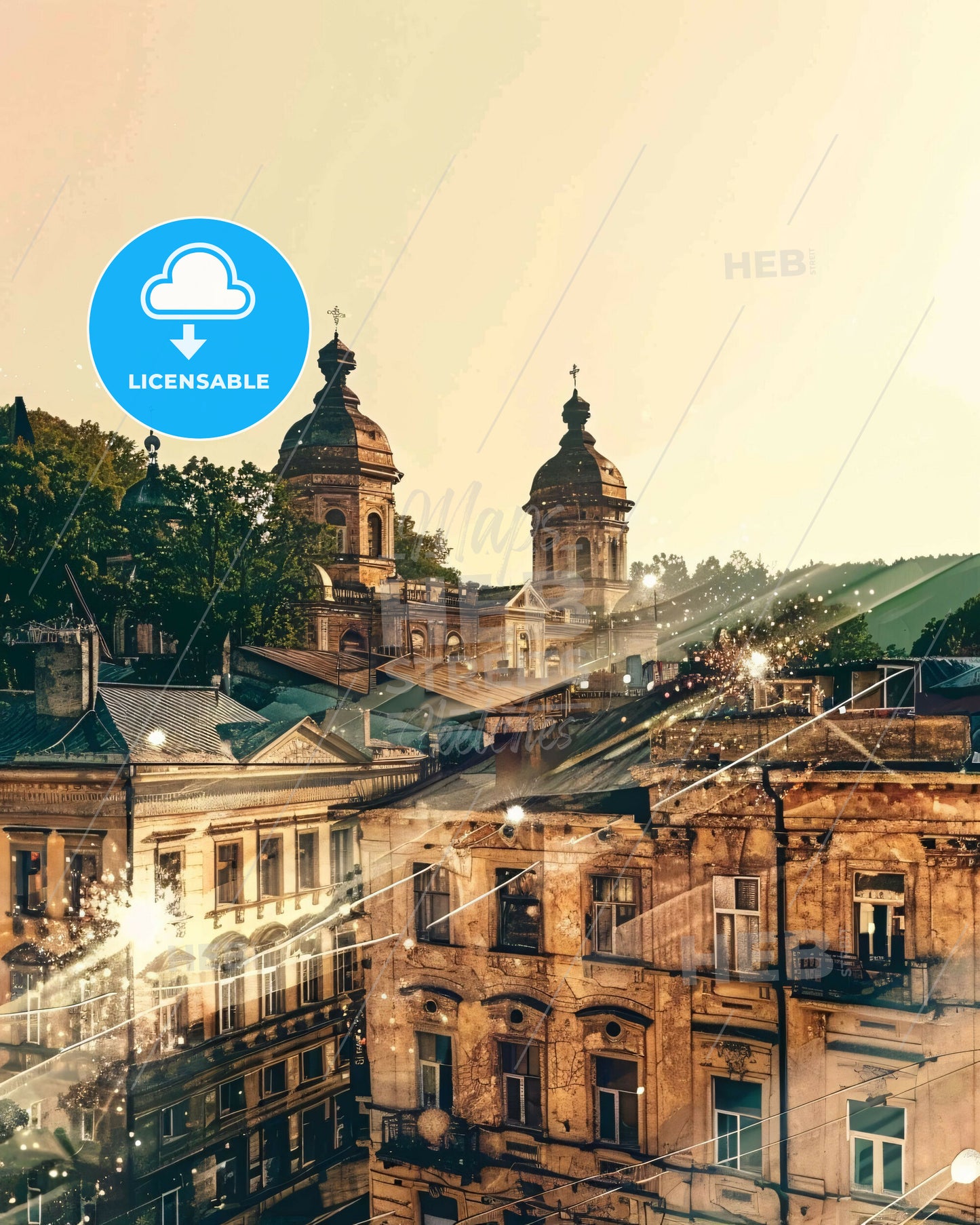 Lviv Cityscape Skyline Composite Art Poster - A group of buildings with trees and lights