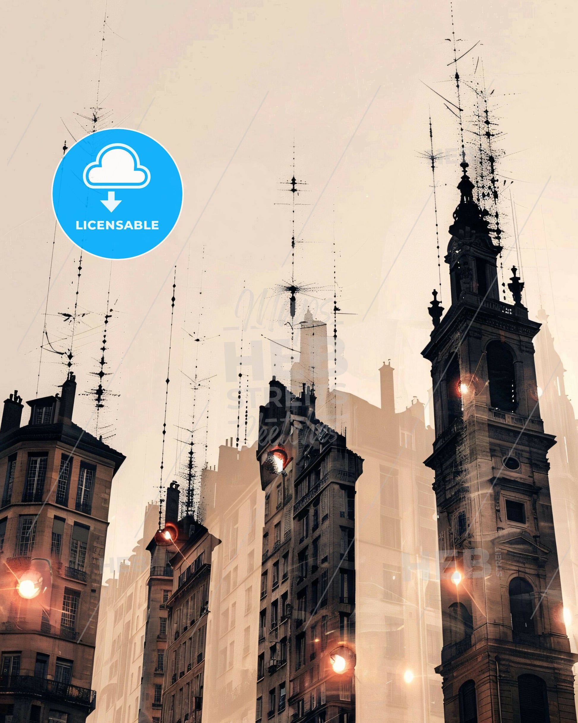 Lyon Skyline Silhouette Poster, Bright Beige - A group of tall buildings with towers