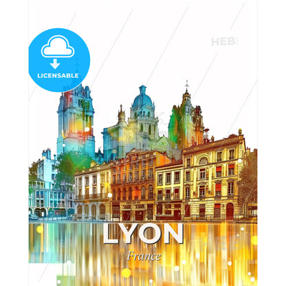 Lyon: Brilliant Beige Skyline Silhouette Poster - A colorful city with many buildings - Square format print template
