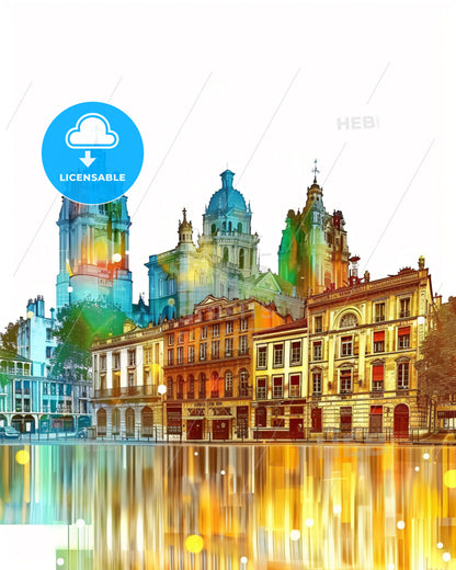 Lyon: Brilliant Beige Skyline Silhouette Poster - A colorful city with many buildings