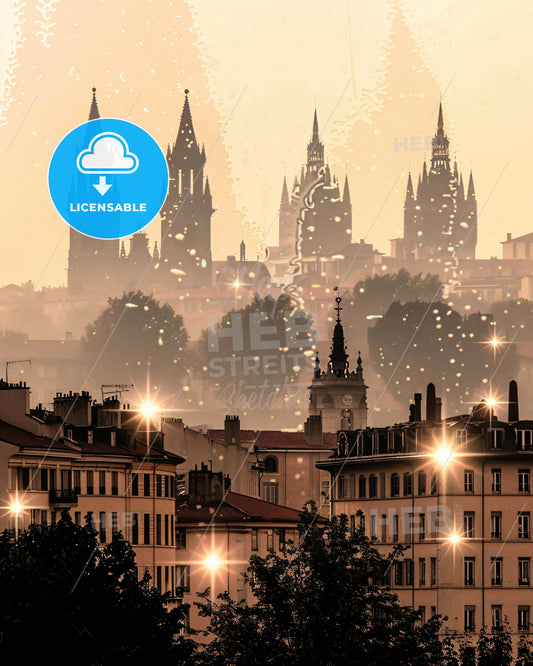 Lyon City Double Exposure Composite - A city with many buildings and a foggy sky