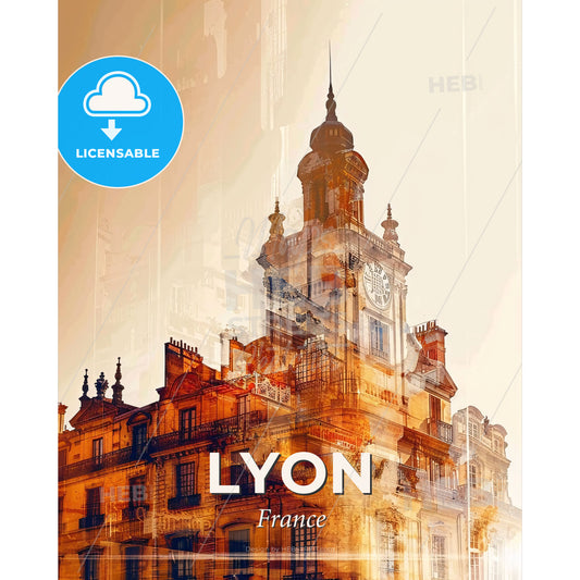 Lyon Skyline Double Exposure Silhouette Art Beige Poster - A building with a clock tower - Square format print template