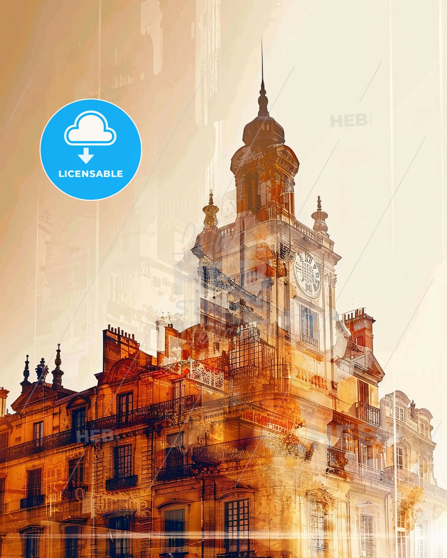 Lyon Skyline Double Exposure Silhouette Art Beige Poster - A building with a clock tower